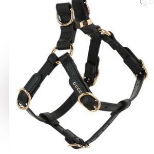 Gucci Black Leather Dog Harness with Gold Hardware